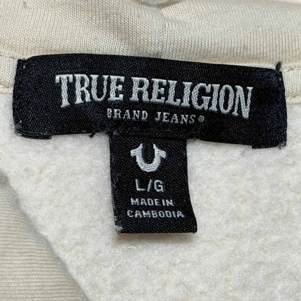 True Religion Mens Cream Full Zip Horseshoe Logo Fleece Hoodie Size Large L